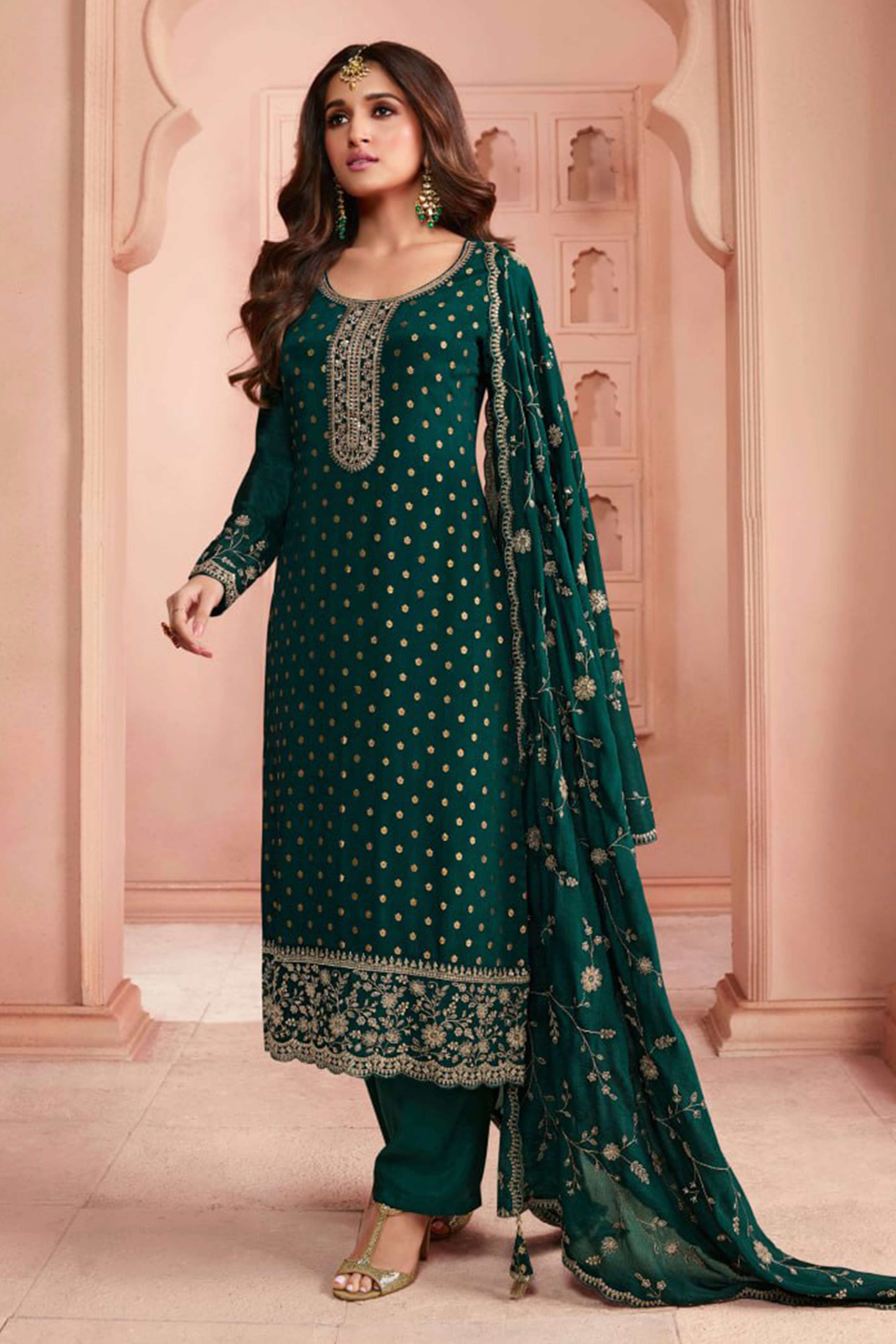 Green Dola Jacquard Silk Semi Stitched Salwar Suit with Heavy Embroidery