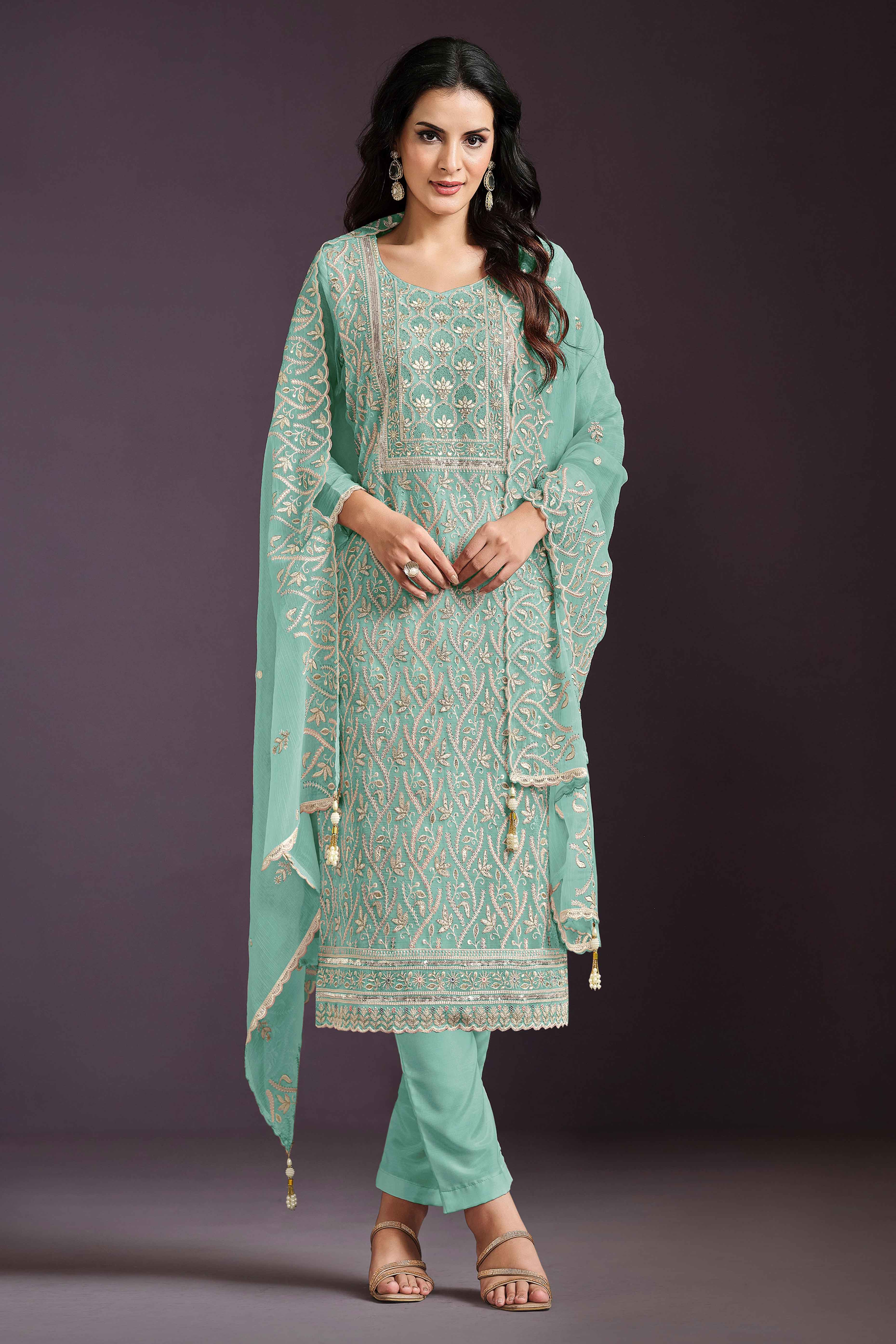 Turquoise Chinon Silk Semi Stitched Suit With Floral Thread Embroidery & Sequin