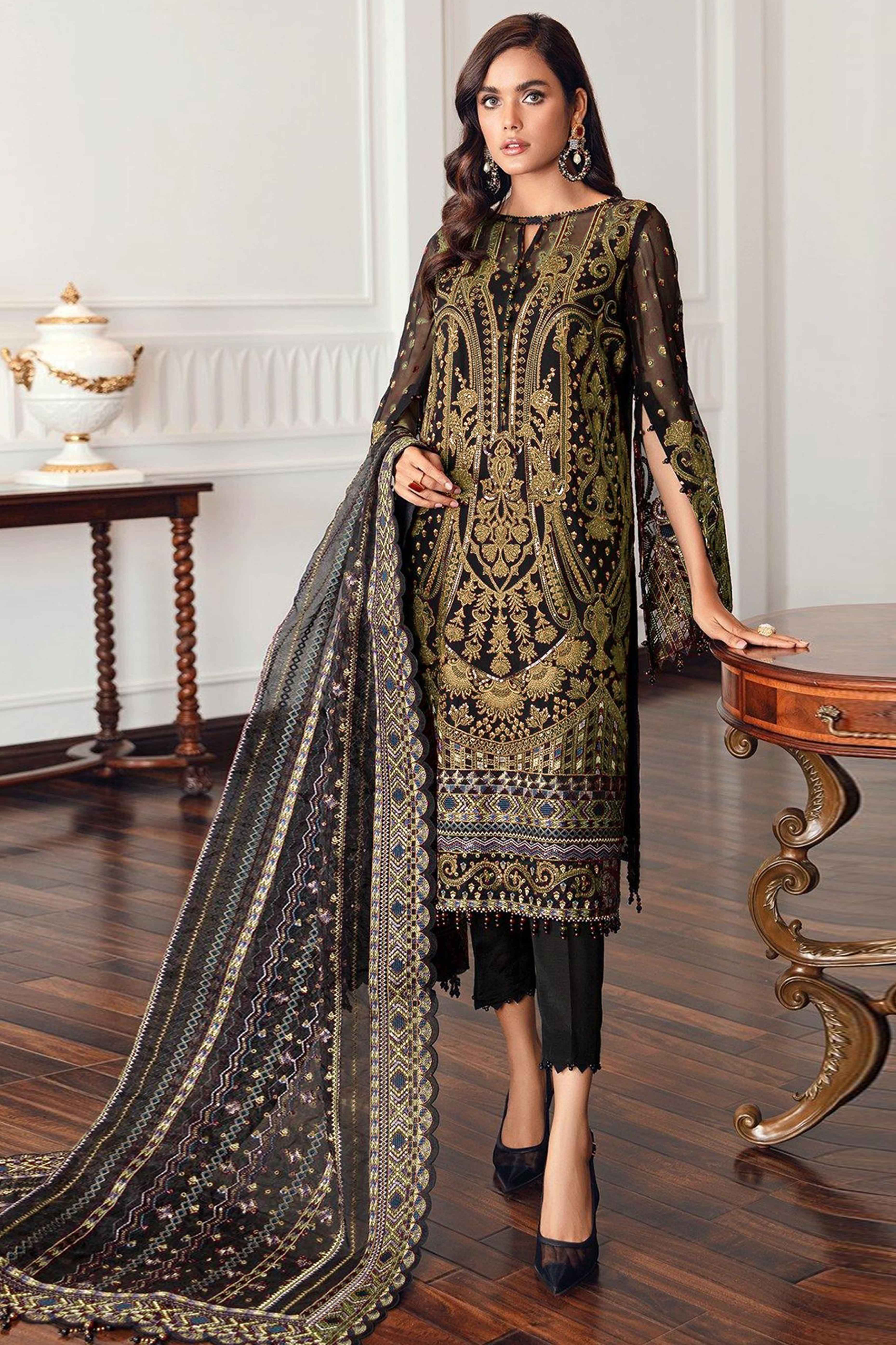 Black Georgette Semi Stitched Suit With Floral Goldern Yellow Embroidery & Zarkan Work