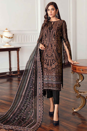 Black Georgette Semi Stitched Suit With Floral Brown Embroidery & Zarkan Work