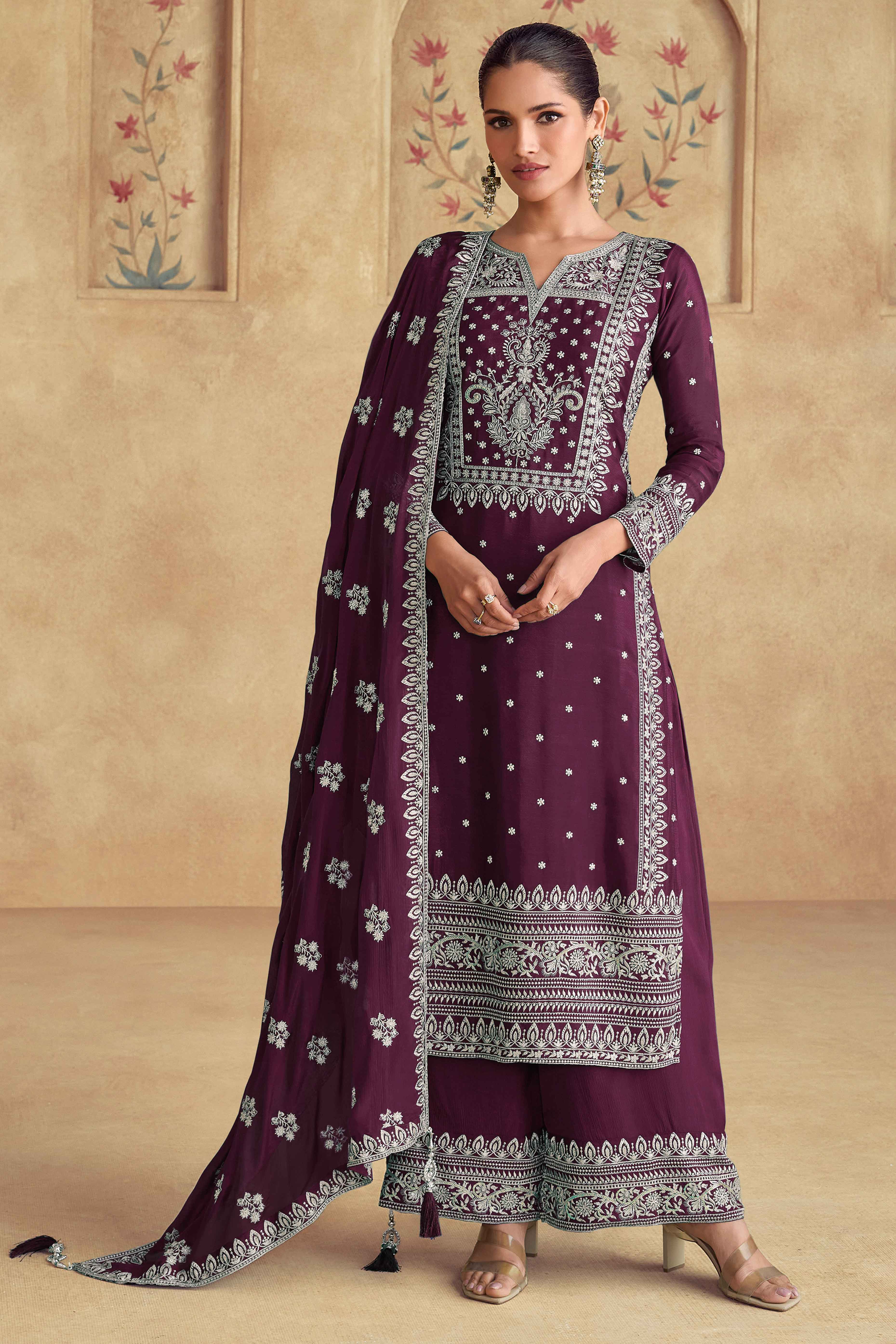 Elegant Wine Semi-Stitched Georgette Suit With Dazzling Floral Sequin Work