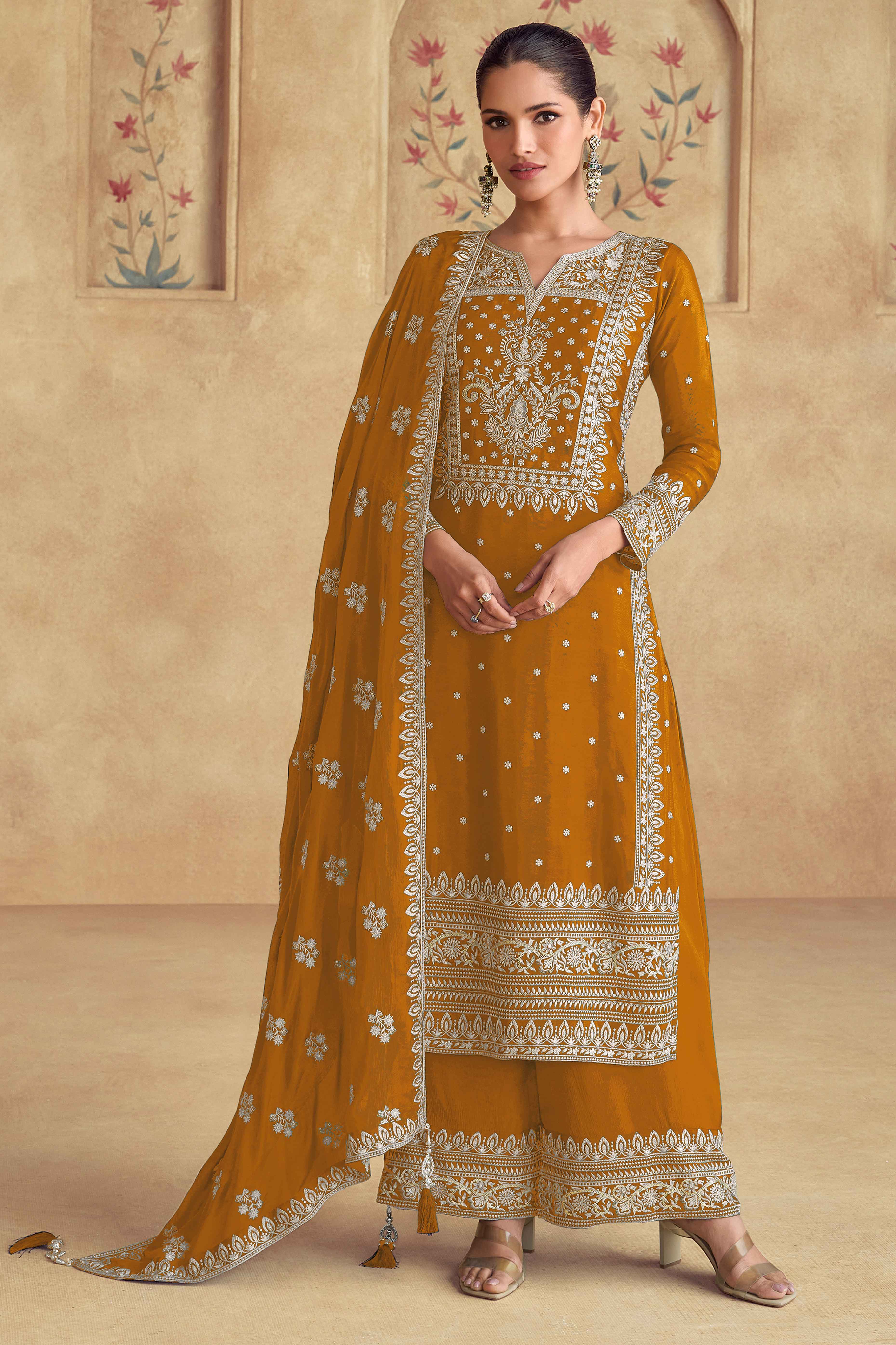 Majestic Mustard Semi-Stitched Georgette Suit With Dazzling Floral Sequin Work