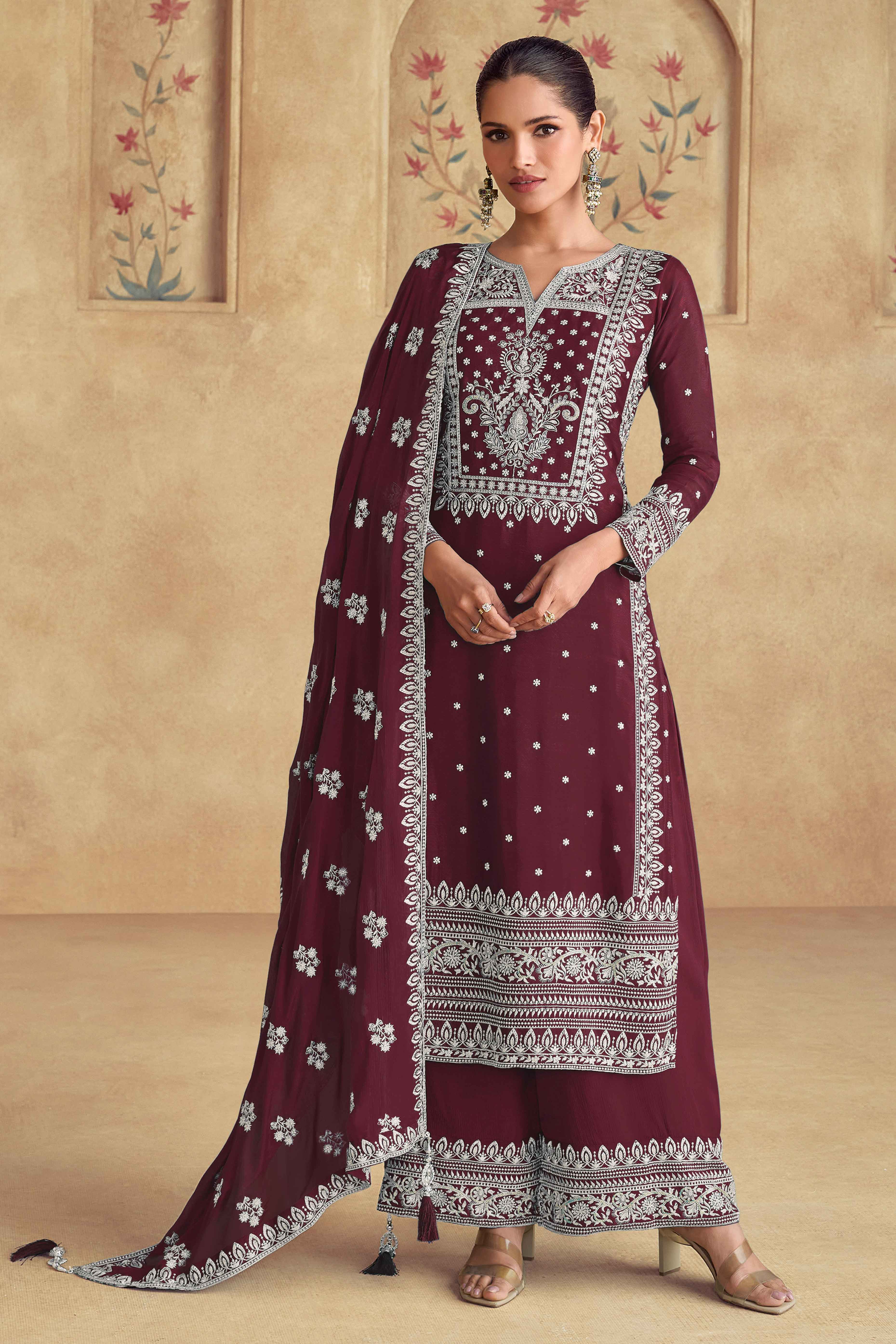 Sophisticated Maroon Semi-Stitched Georgette Suit With Dazzling Floral Sequin Work