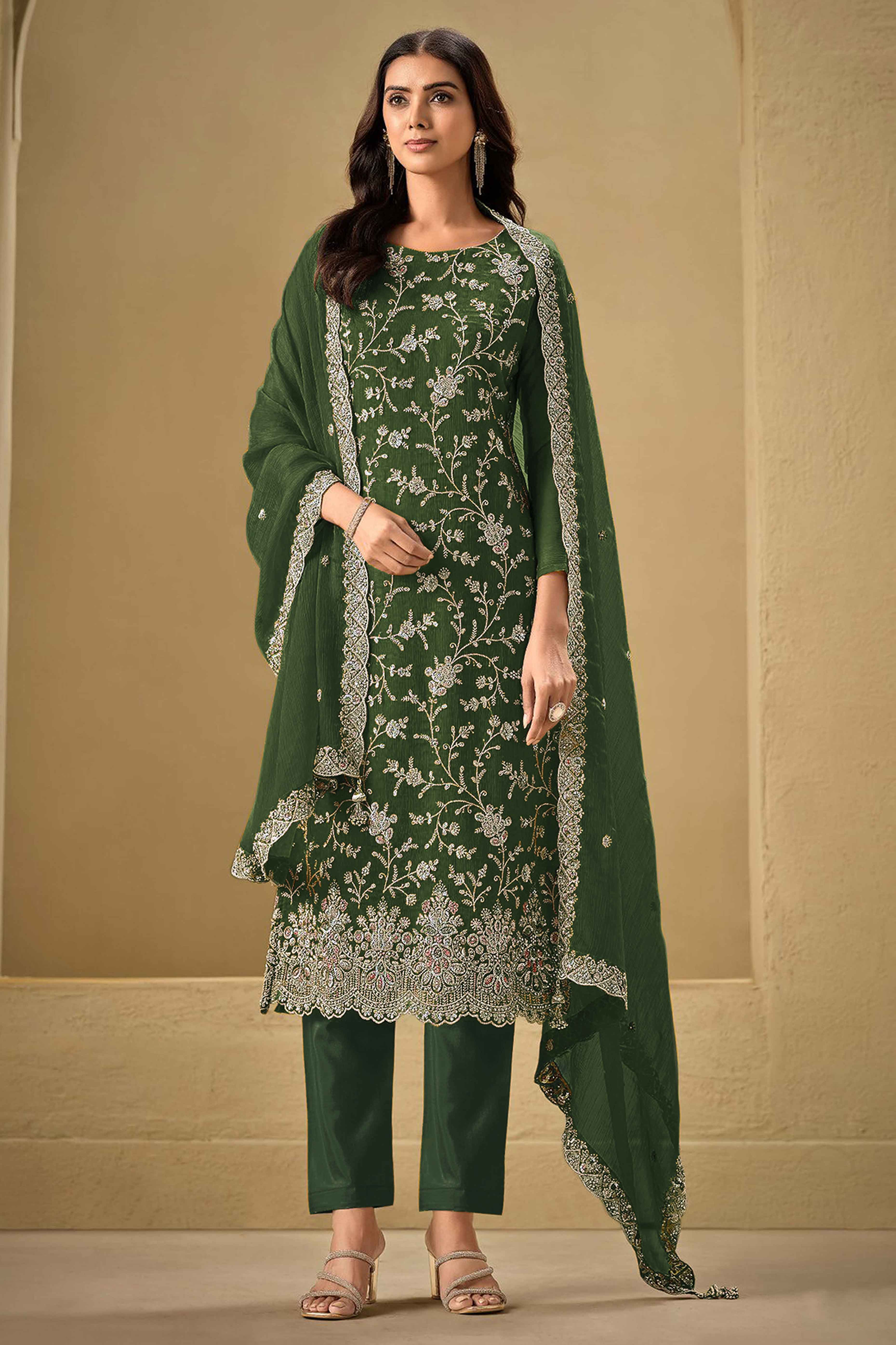 Embroidered Green Semi Stitched Suit With A Touch of Sequin & Studded Zarkan Work