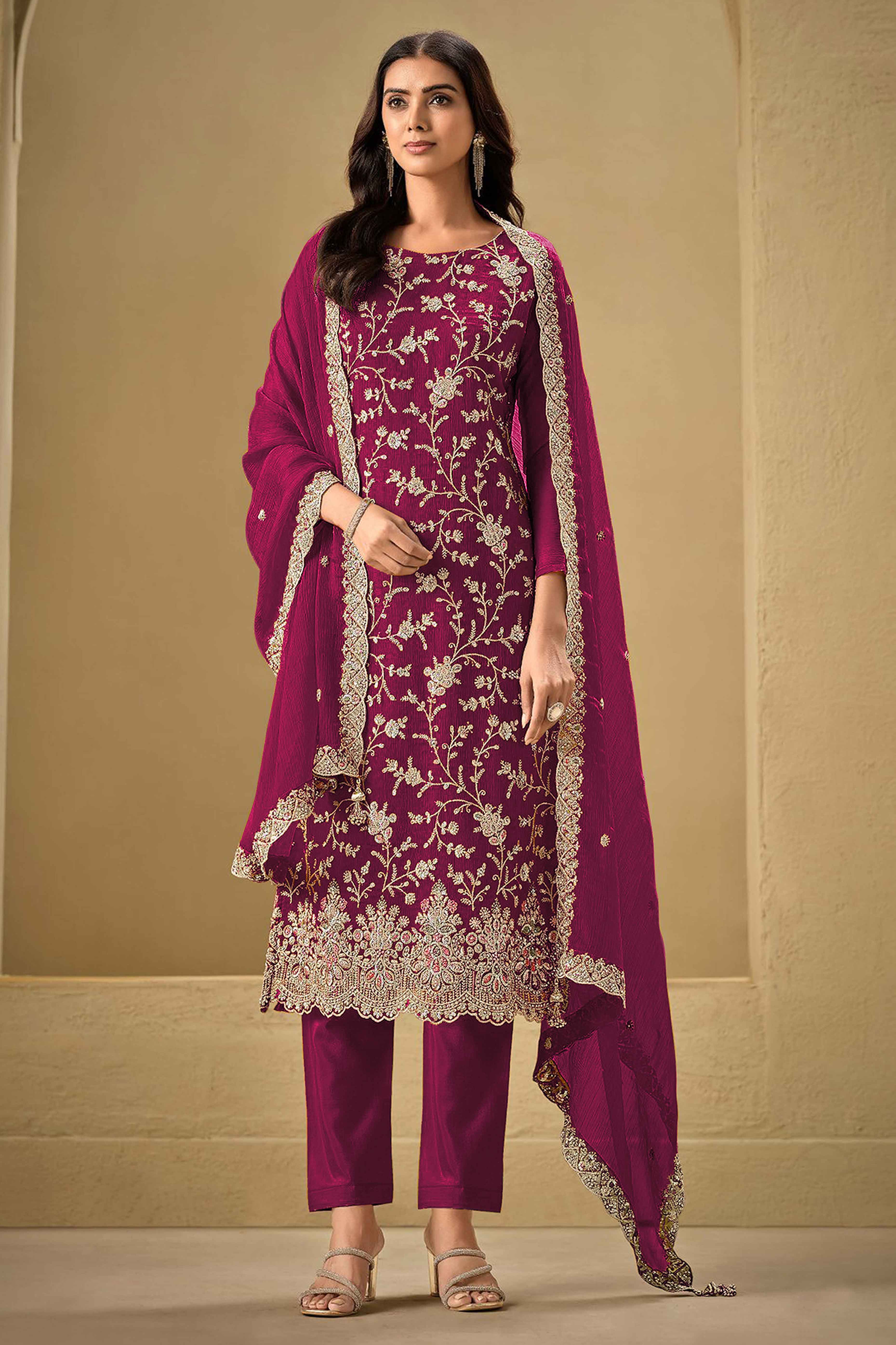 Embroidered Dark Magenta Semi Stitched Suit With A Touch of Sequin & Studded Zarkan Work