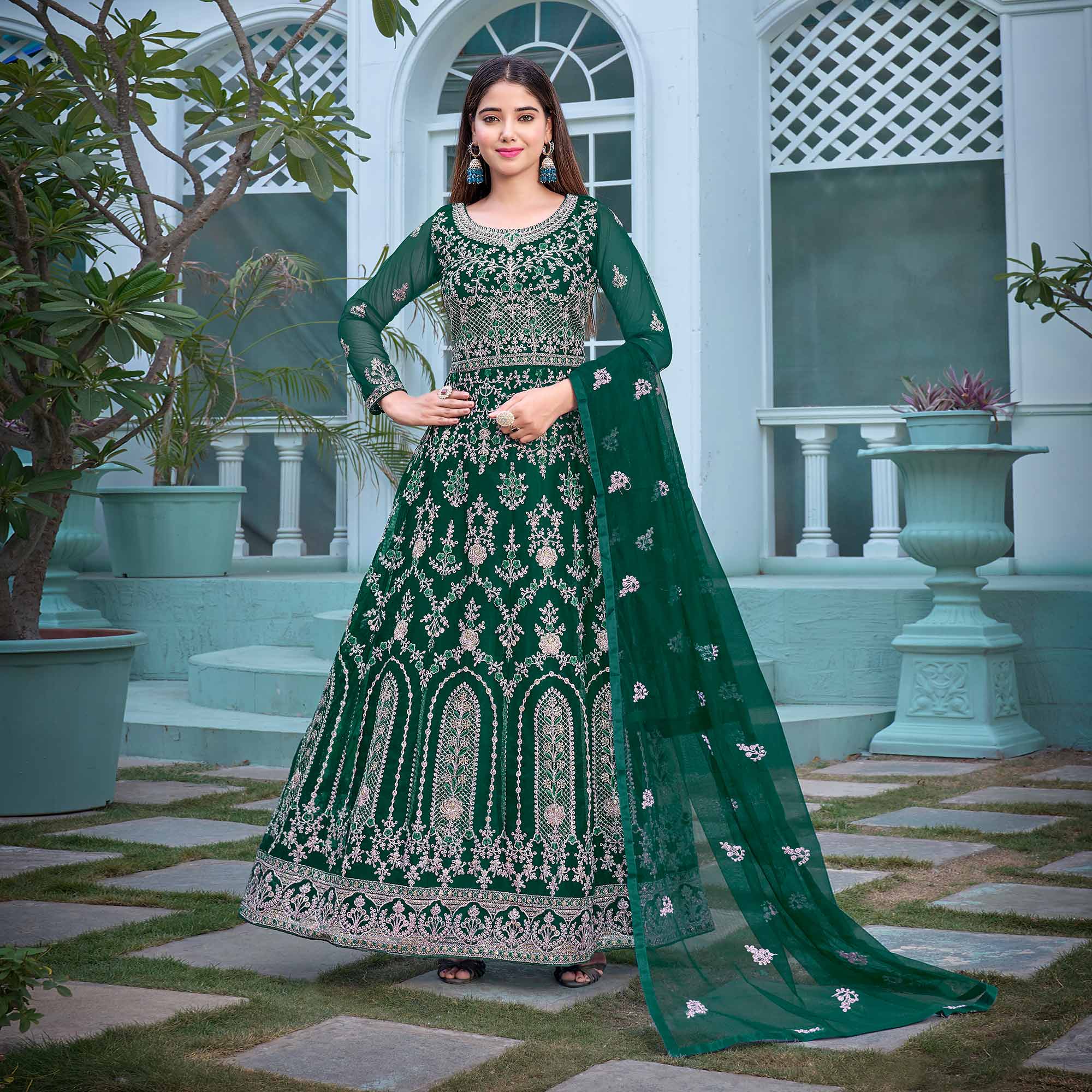 Green Floral Embroidered Net Semi Stitched Anarkali Suit