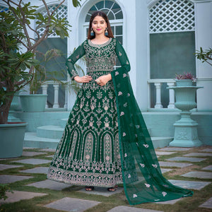 Green Floral Embroidered Net Semi Stitched Anarkali Suit