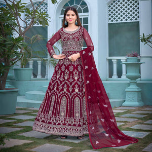 Maroon Floral Embroidered Net Semi Stitched Anarkali Suit