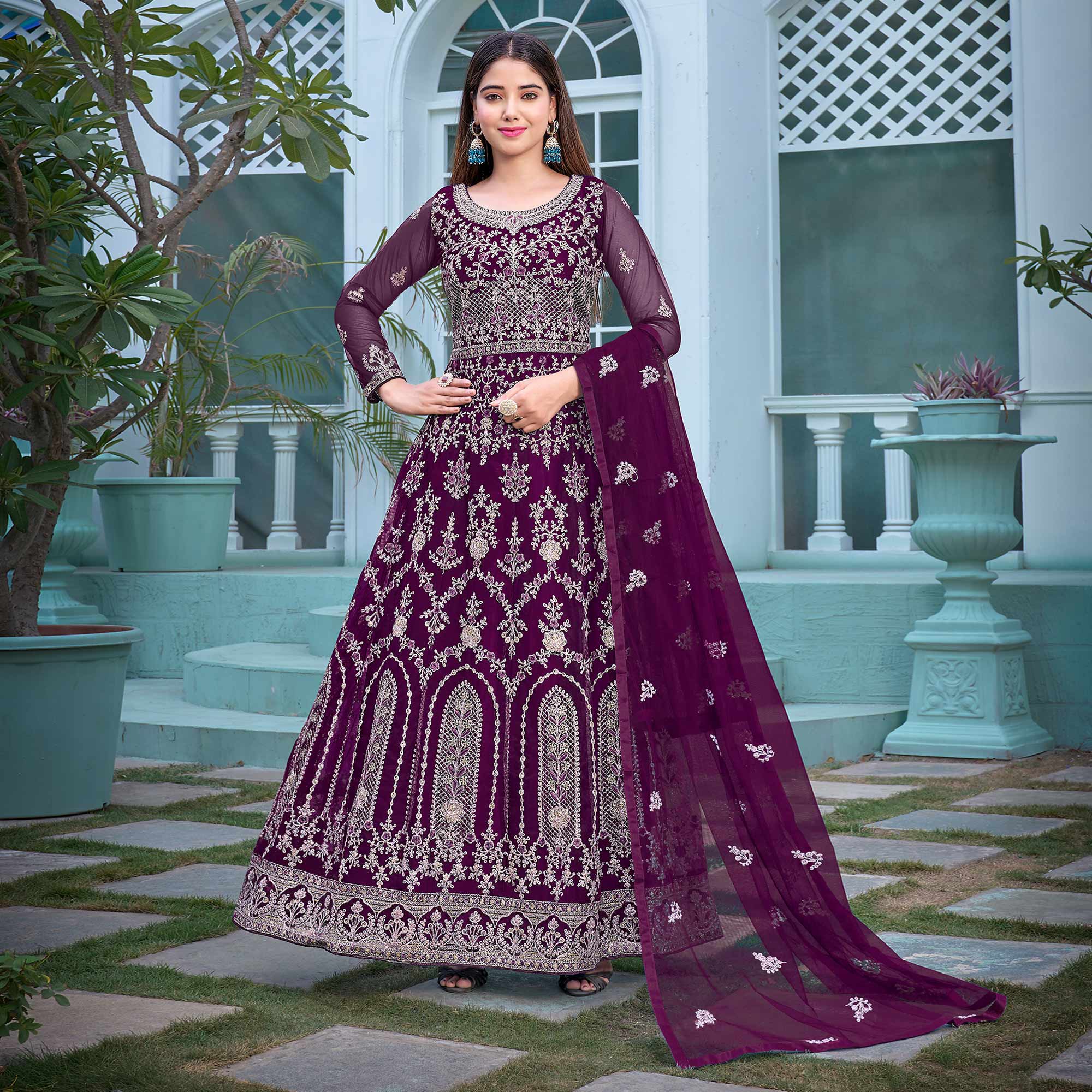 Purple Floral Embroidered Net Semi Stitched Anarkali Suit