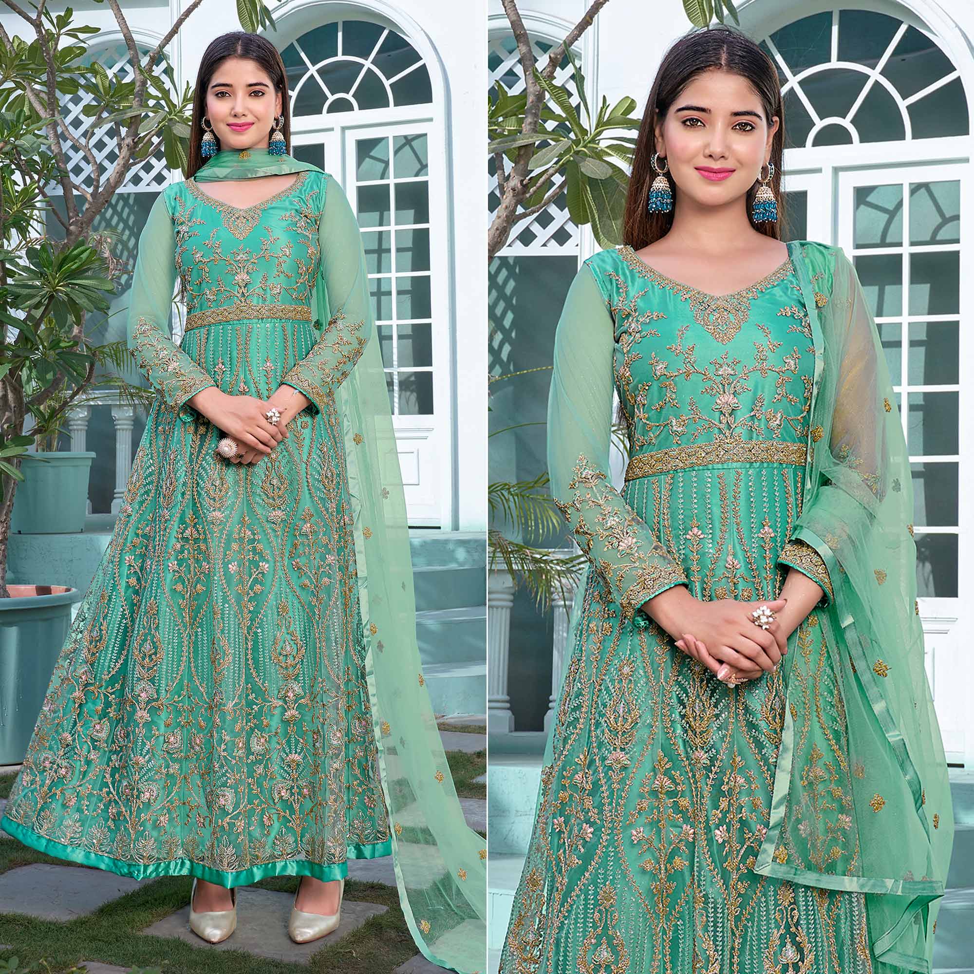 Turquoise Floral Sequins Embroidered Net Semi Stitched Anarkali Suit