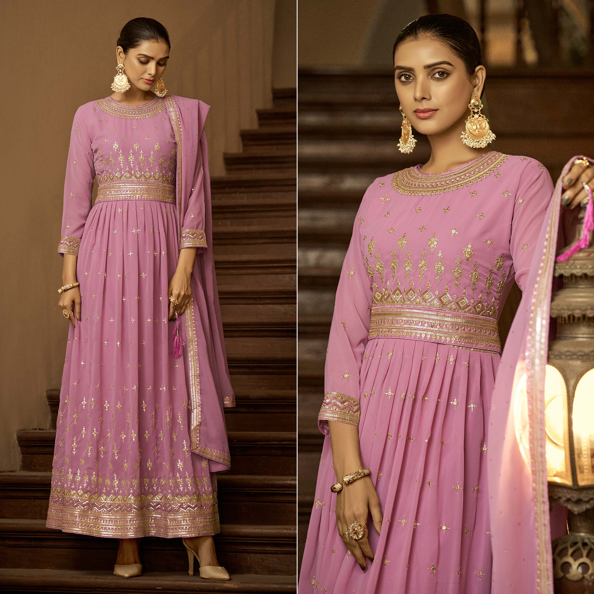 Pink Sequins Embroidered Georgette Semi Stitched Anarkali Suit
