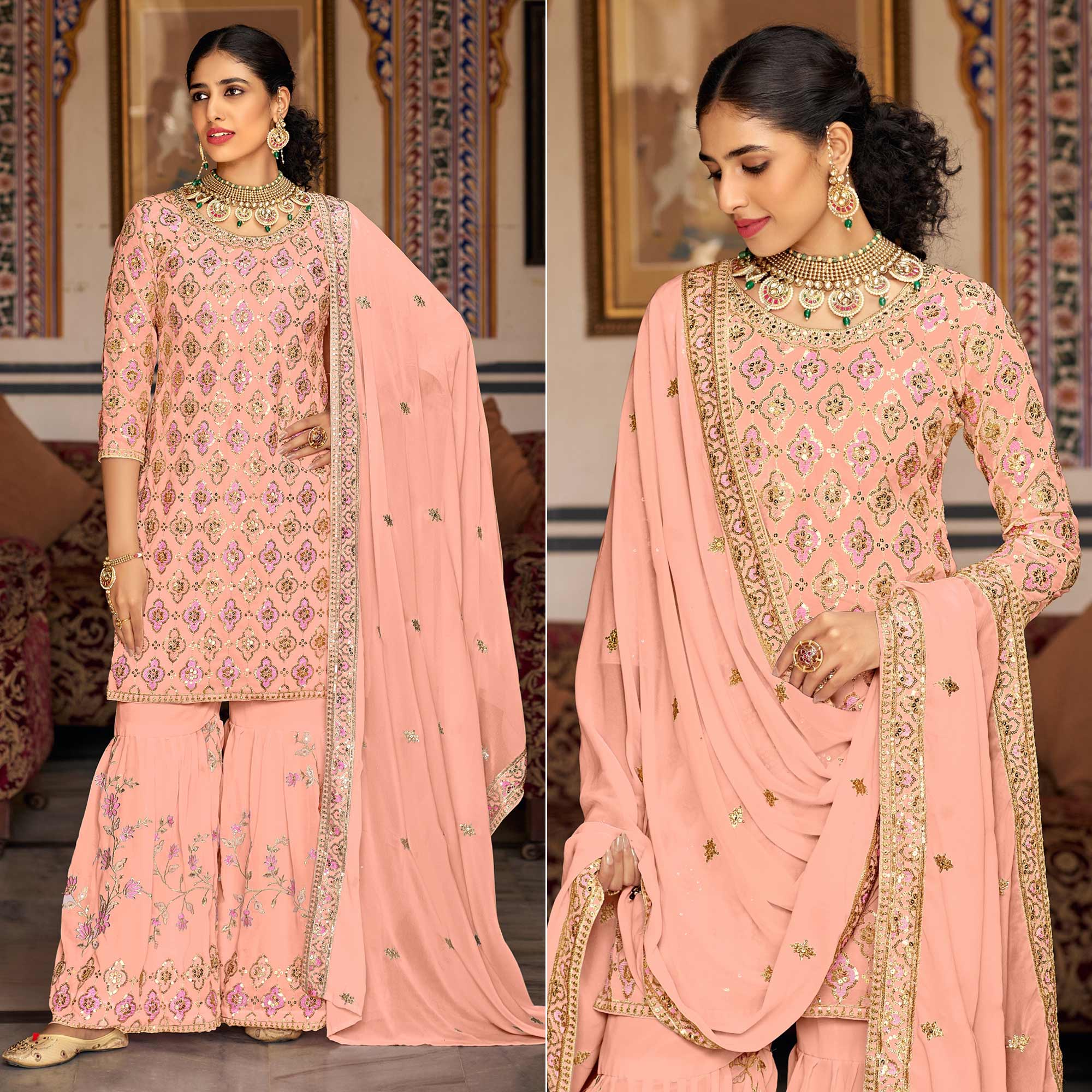 Peach Sequins Embroidered Georgette Semi Stitched Suit