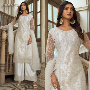 White Floral Embroidered Net Semi Stitched Pakistani Suit