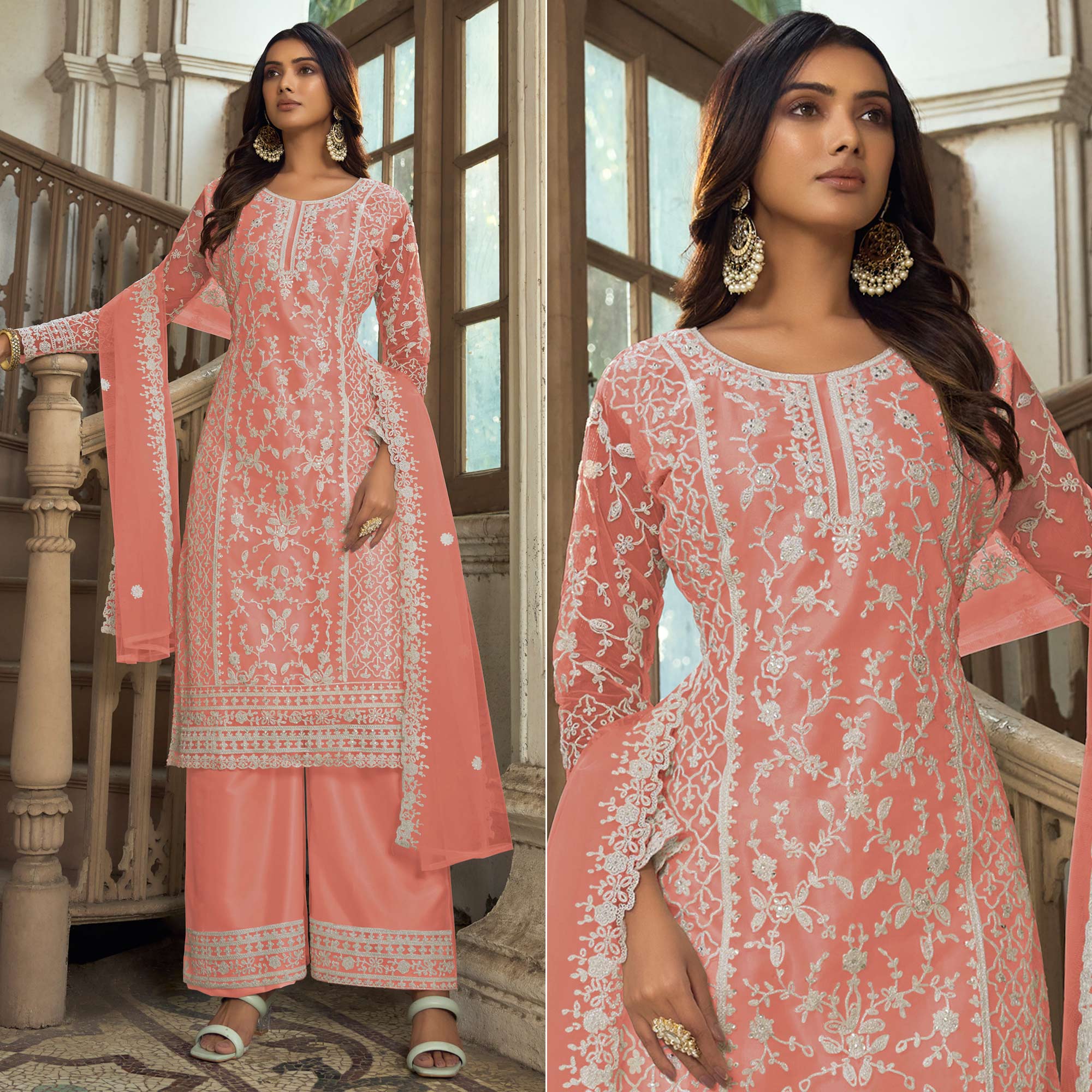 Peach Floral Embroidered Net Semi Stitched Suit