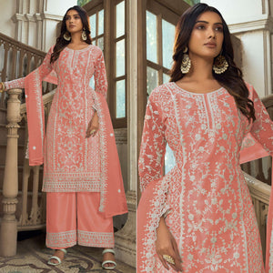 Peach Floral Embroidered Net Semi Stitched Suit