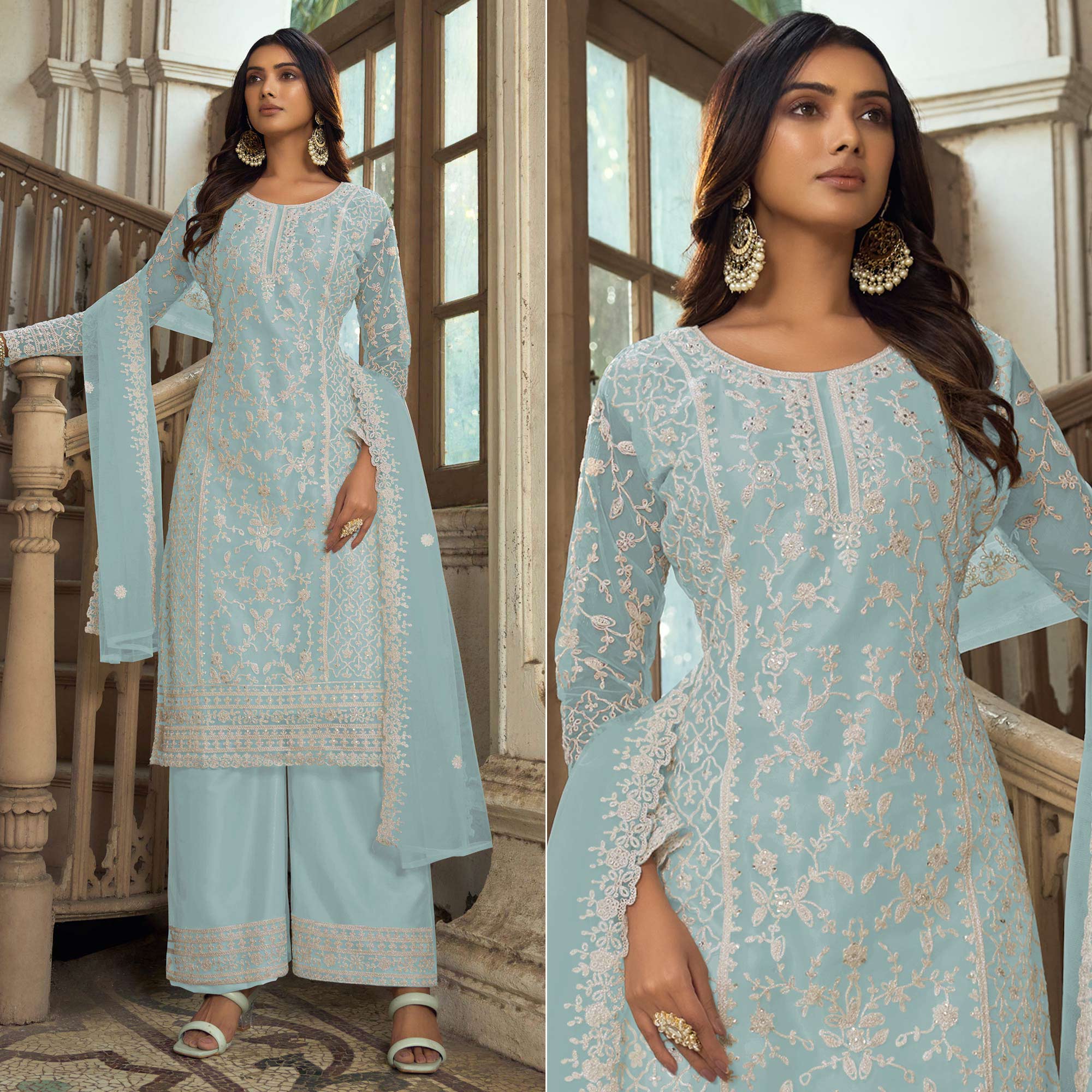 Sky Blue Floral Embroidered Net Semi Stitched Suit