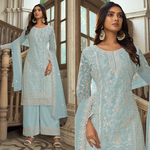 Sky Blue Floral Embroidered Net Semi Stitched Suit