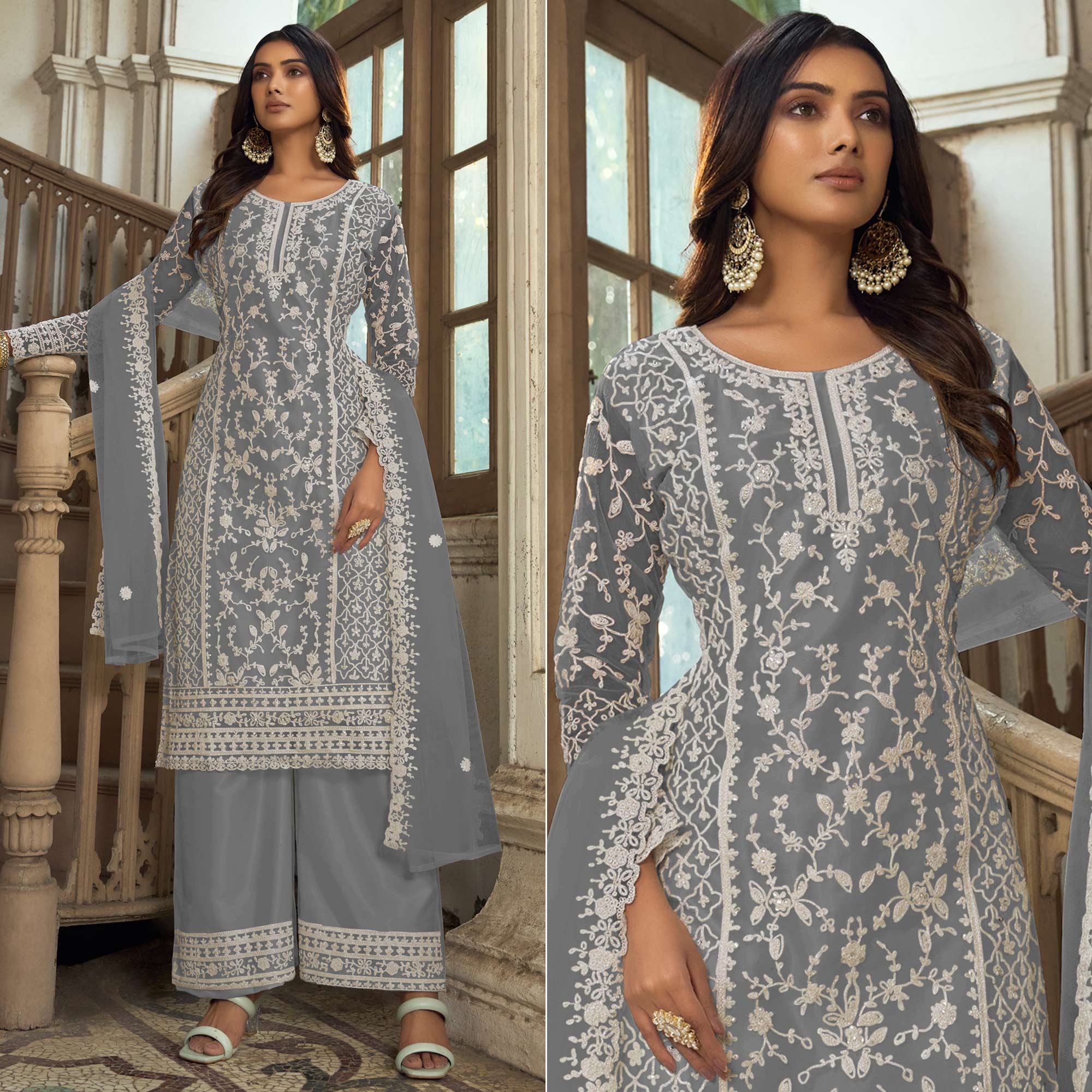 Grey Floral Embroidered Net Semi Stitched Suit
