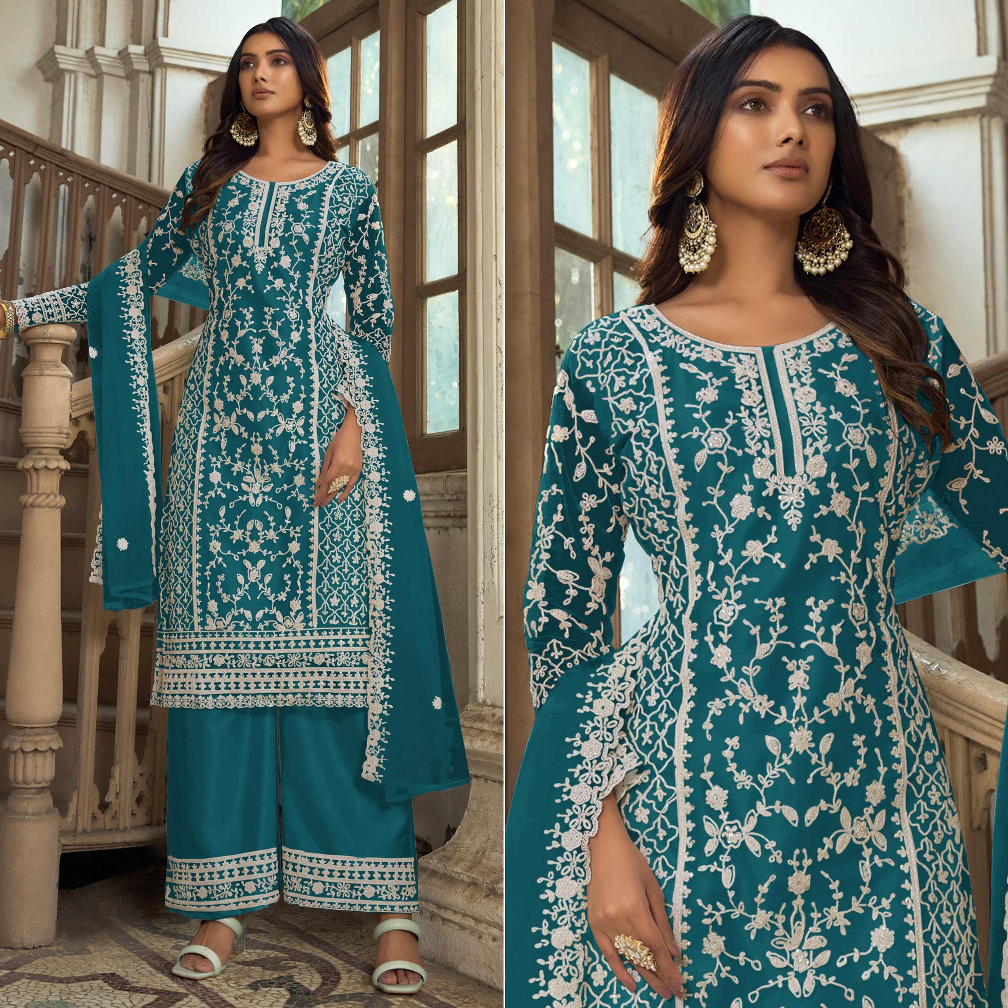 Morpich Floral Embroidered Net Semi Stitched Suit