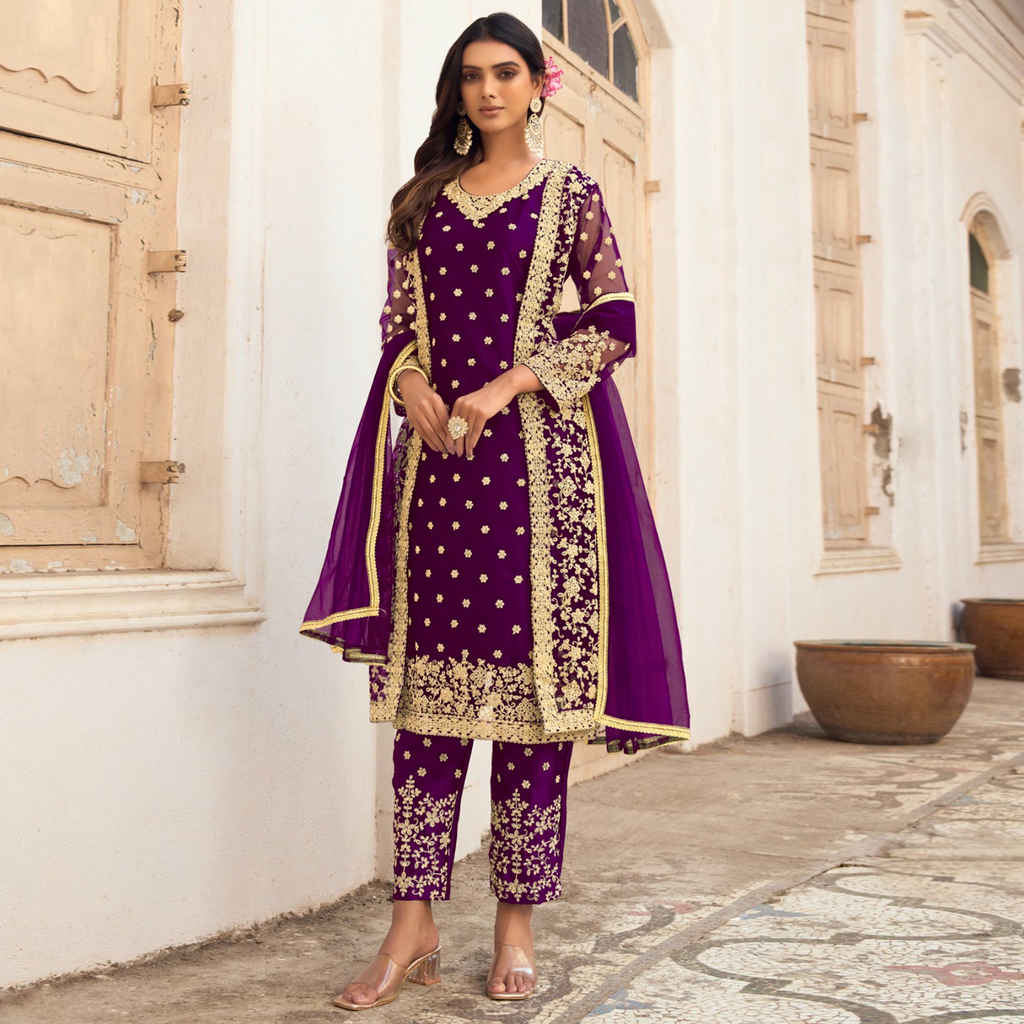 Purple Floral Embroidered Net Semi Stitched Pakistani Suit