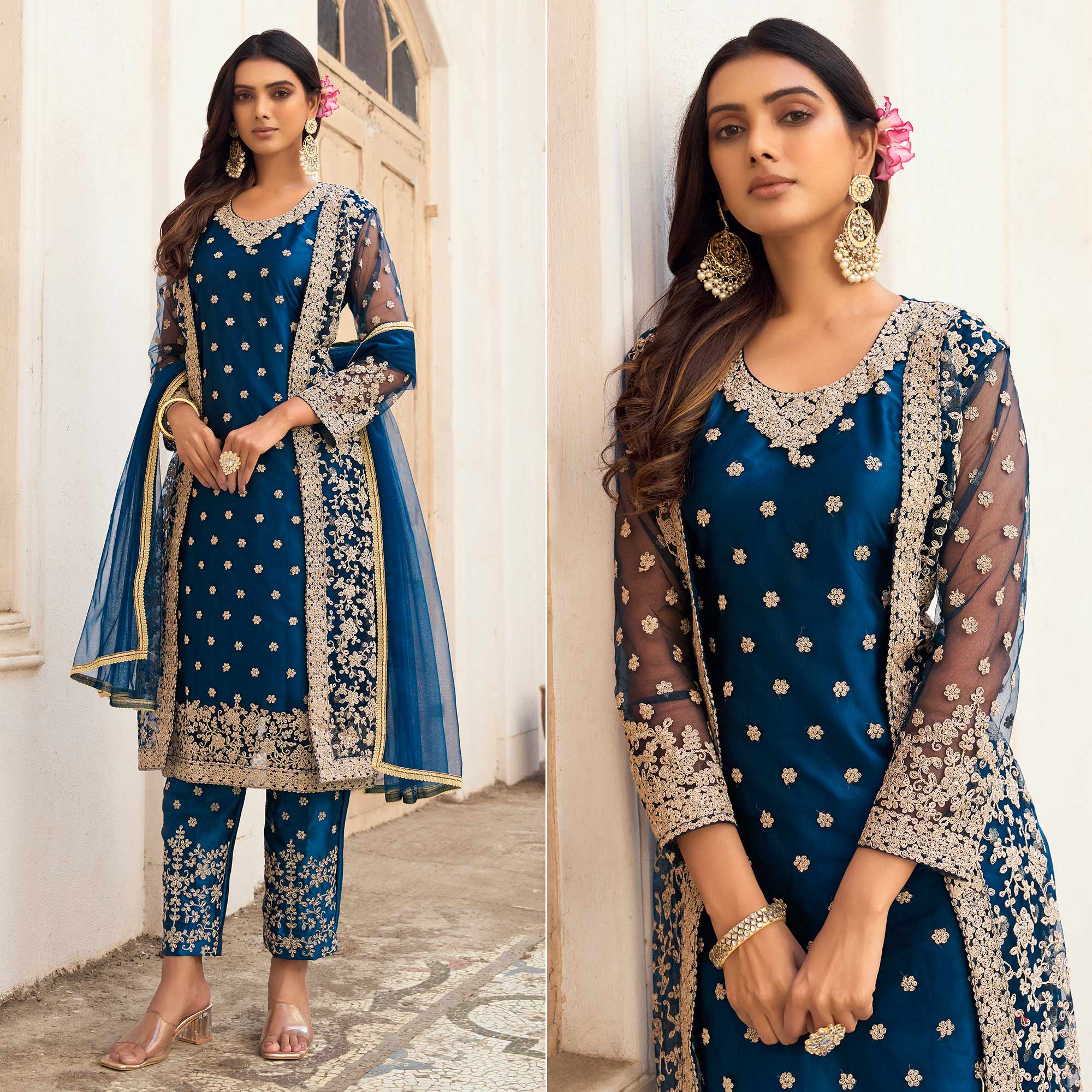 Blue Floral Embroidered Net Semi Stitched Pakistani Suit