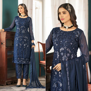 Blue Floral Sequins Embroidered Georgette Semi Stitched Pakistani Suit