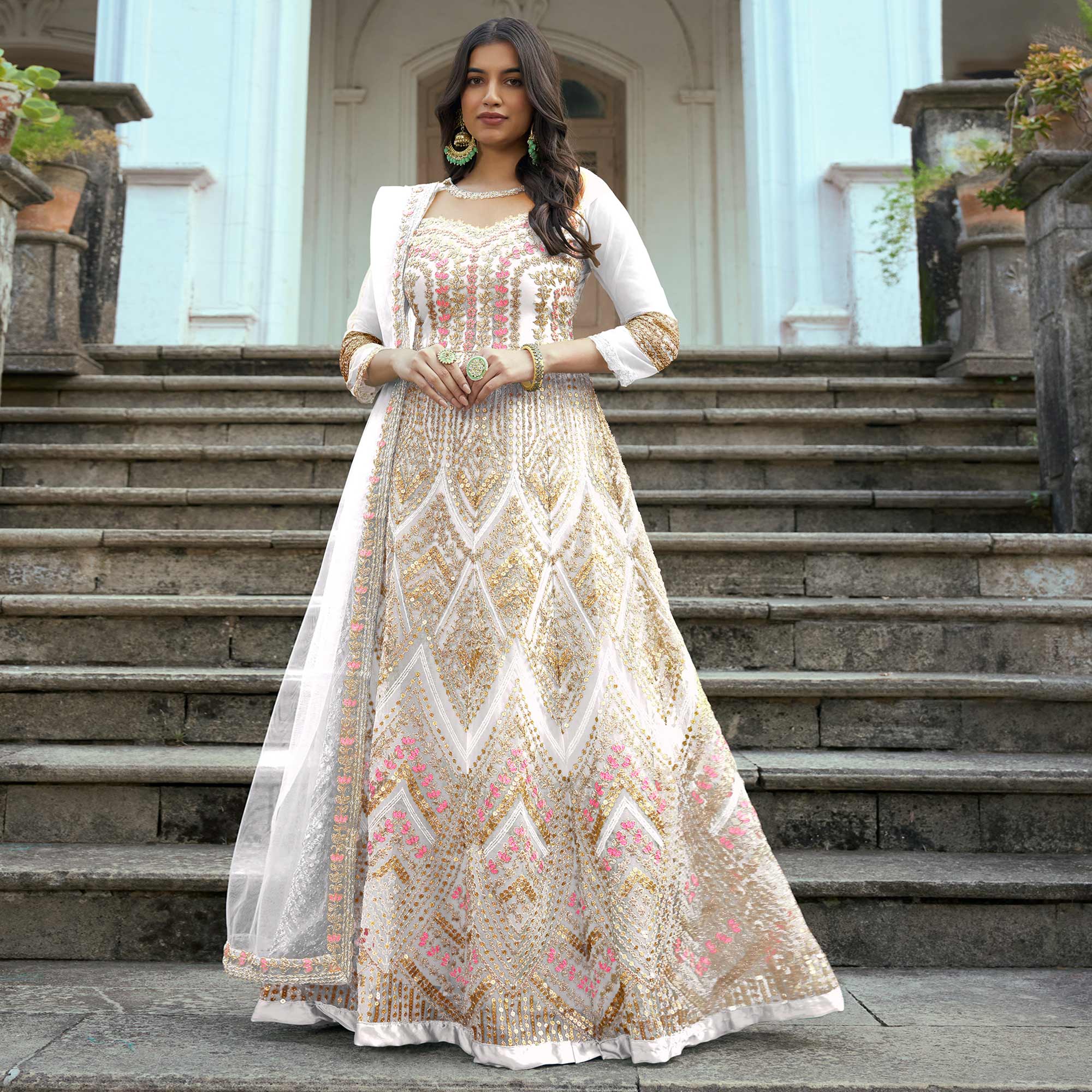 White Floral Sequins Embroidered Net Semi Stitched Anarkali Suit