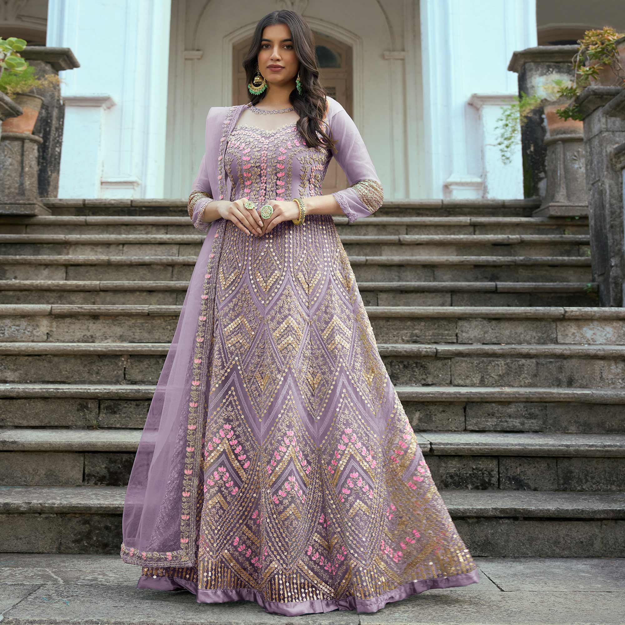 Purple Floral Sequins Embroidered Net Semi Stitched Anarkali Suit