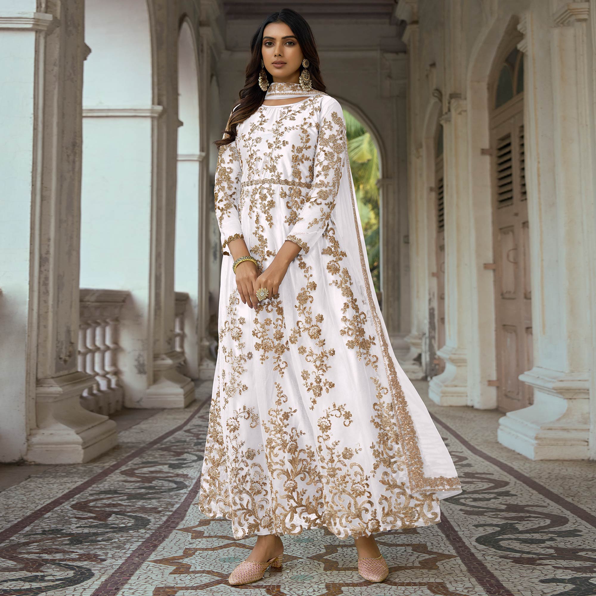 White Floral Embroidered Net Semi Stitched Anarkali Suit