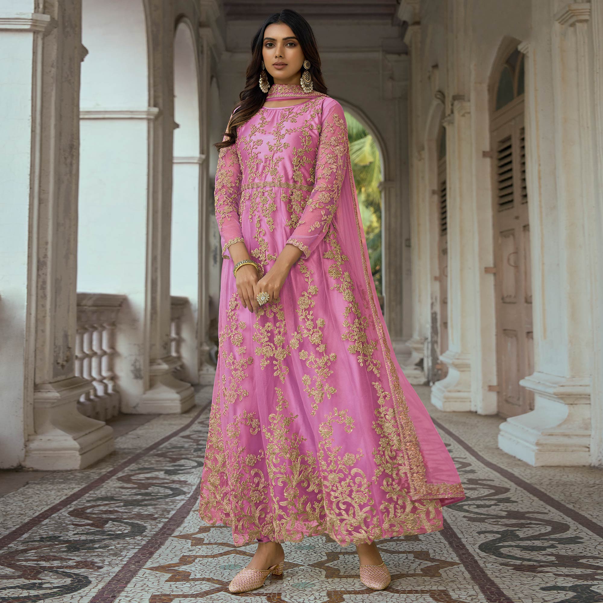 Pink Floral Embroidered Net Semi Stitched Anarkali Suit