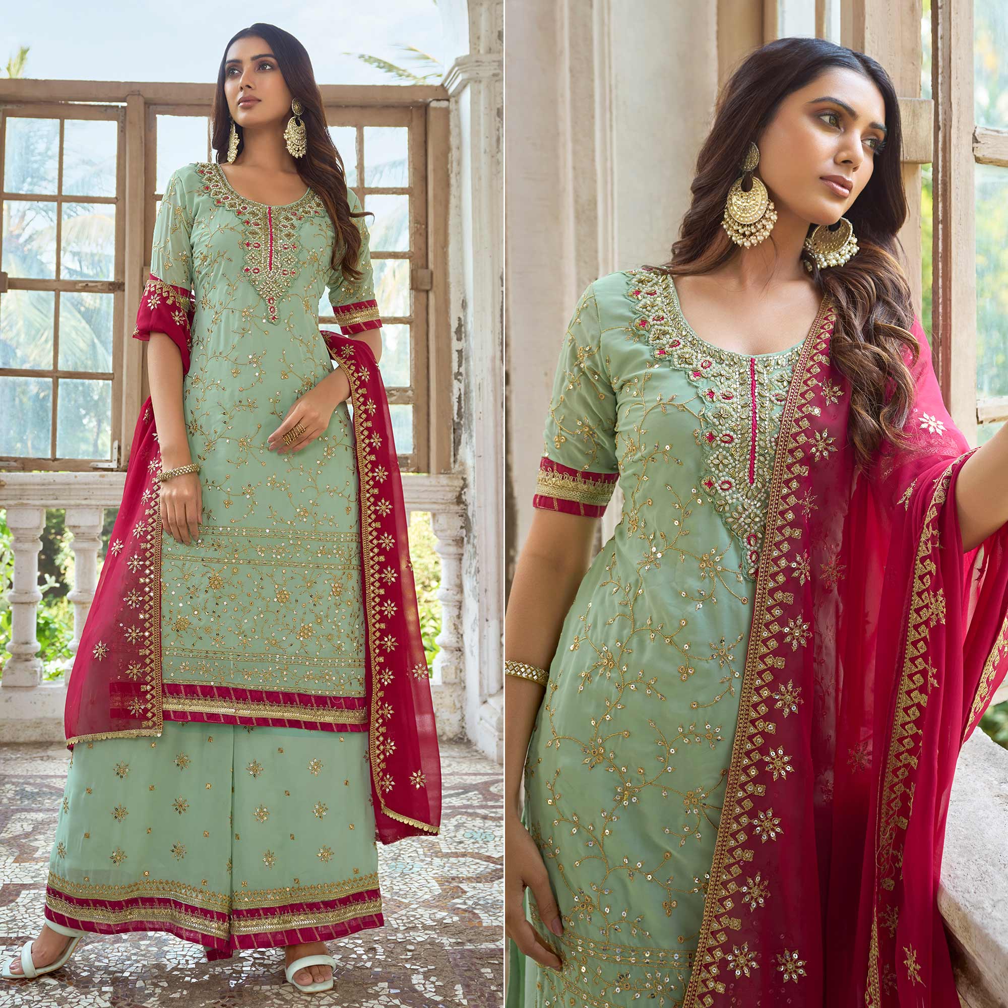 Green Floral Embroidered Georgette Semi Stitched Suit