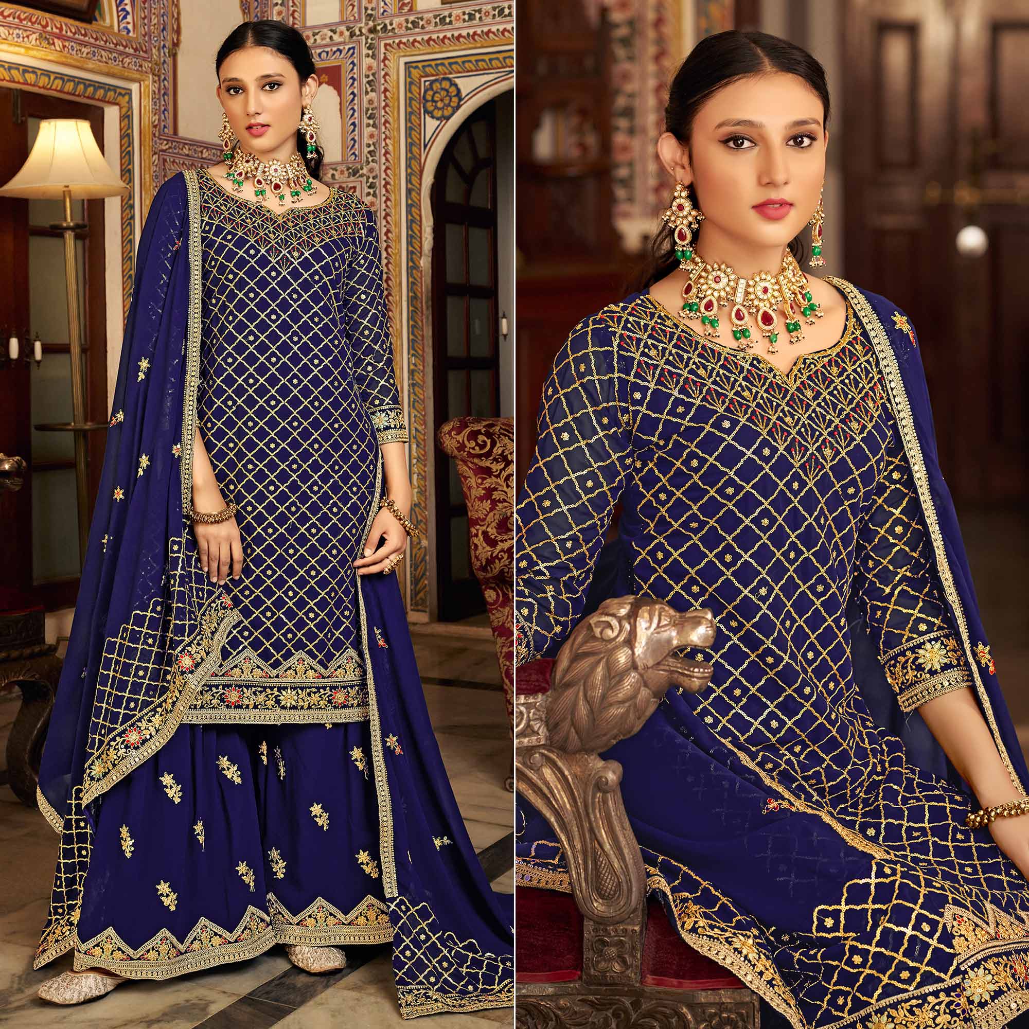 Blue Sequins Embroidered Chinon Semi Stitched Suit