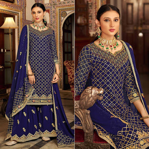 Blue Sequins Embroidered Chinon Semi Stitched Suit