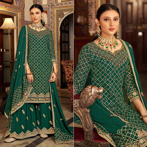 Green Sequins Embroidered Chinon Semi Stitched Suit