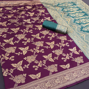 Graceful Wine & Rama Banarasi Silk Saree Featuring Intricate Floral Zari Weaving Work