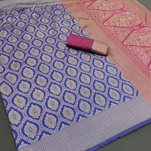 Charming Royal Blue & Pink Banarasi Silk Saree Adorned With Floral Zari Weaving
