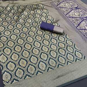 Charming Dark Teal Banarasi Silk Saree Adorned With Floral Zari Weaving