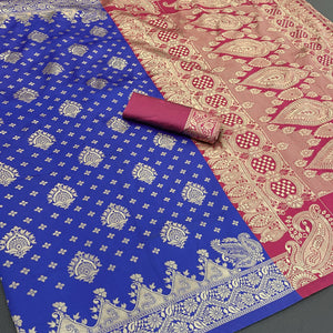 Classic Royal Blue & Pink Silk Banarasi Saree Showcasing Delicate Floral Zari Weaving