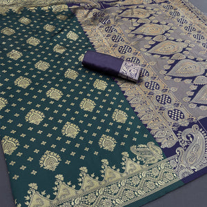 Classic Dark Teal Silk Banarasi Saree Showcasing Delicate Floral Zari Weaving
