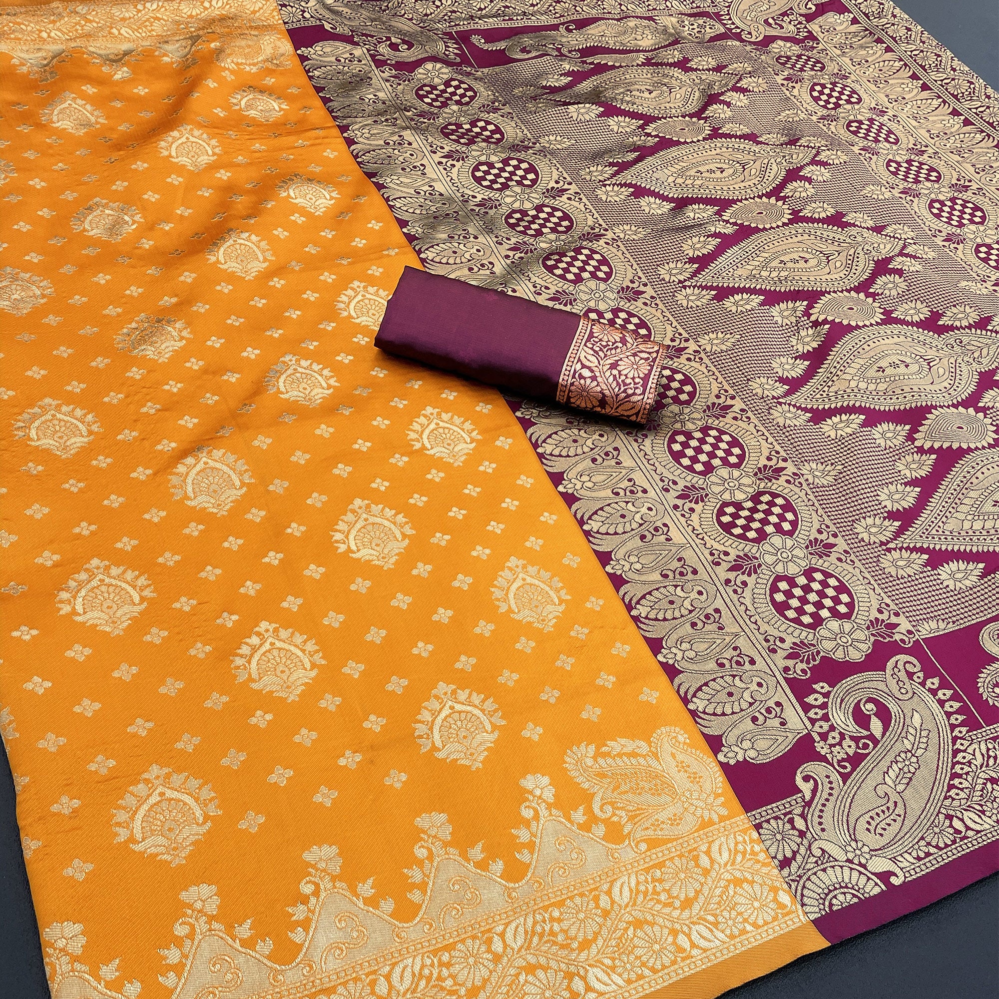Classic Orange & Purple Silk Banarasi Saree Showcasing Delicate Floral Zari Weaving