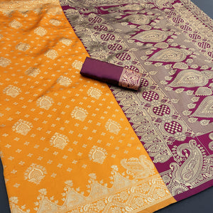 Classic Orange & Purple Silk Banarasi Saree Showcasing Delicate Floral Zari Weaving