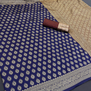 Navy Blue Floral Zari Woven Banarasi Silk Saree For Timeless Elegance