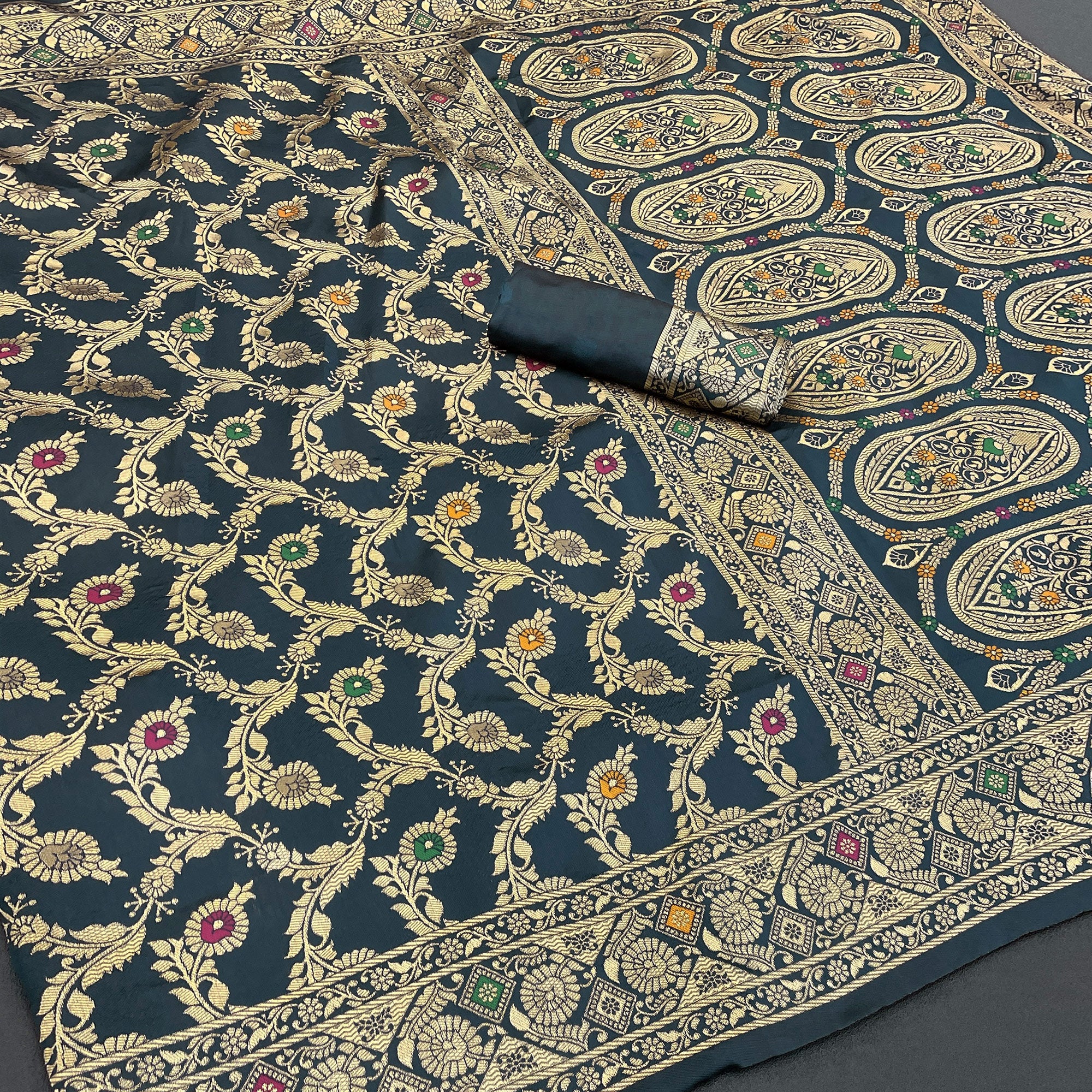 Classic Morpich Blue Silk Banarasi Saree Showcasing Delicate Floral Zari Weaving