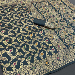 Classic Morpich Blue Silk Banarasi Saree Showcasing Delicate Floral Zari Weaving