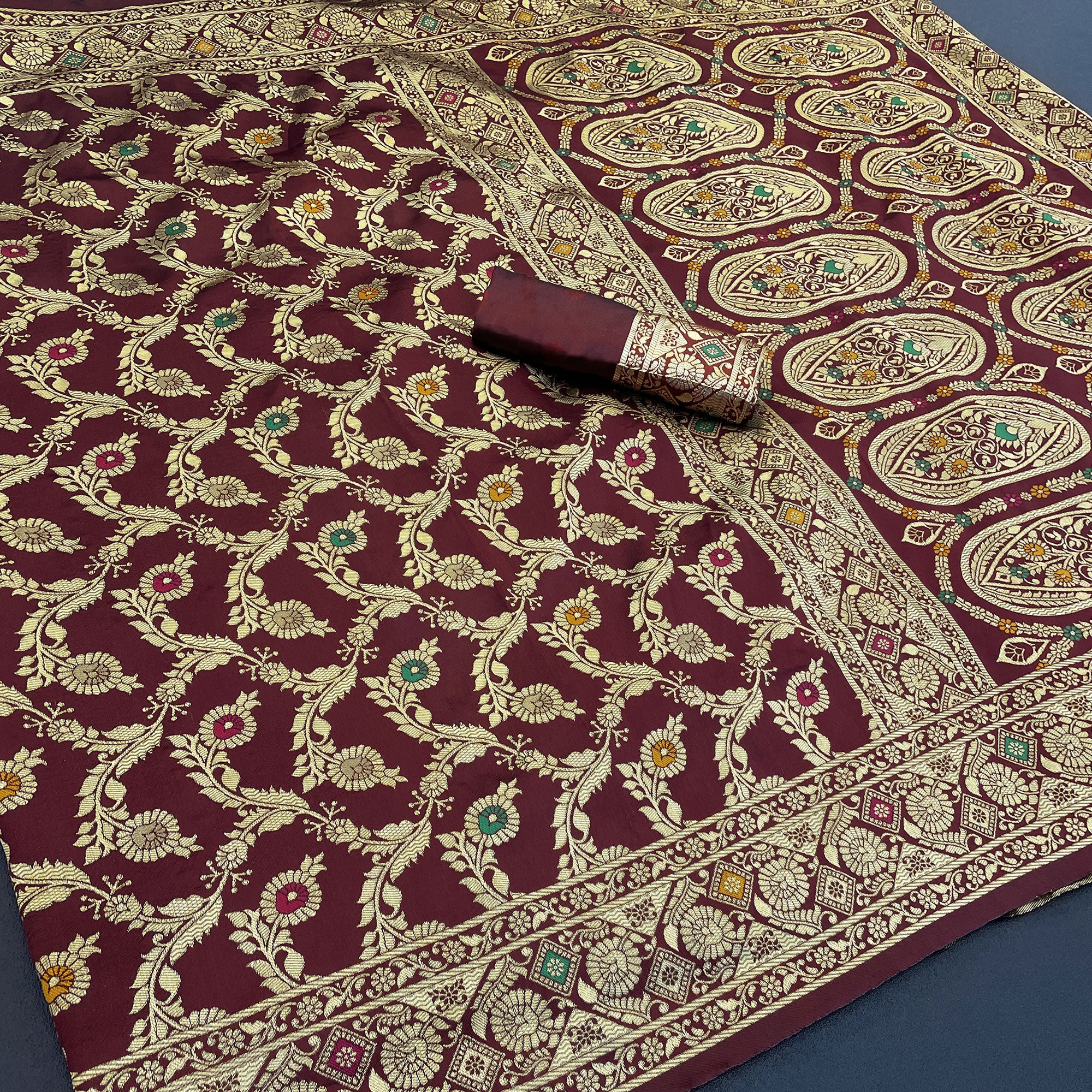 Classic Dark Maroon Silk Banarasi Saree Showcasing Delicate Floral Zari Weaving