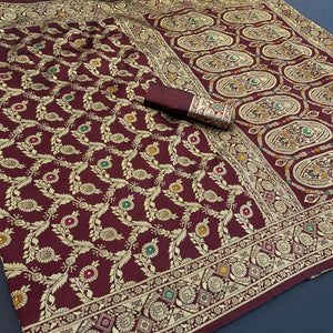 Classic Dark Maroon Silk Banarasi Saree Showcasing Delicate Floral Zari Weaving