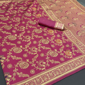 Charming Rani Pink Banarasi Silk Saree Adorned With Floral Zari Weaving