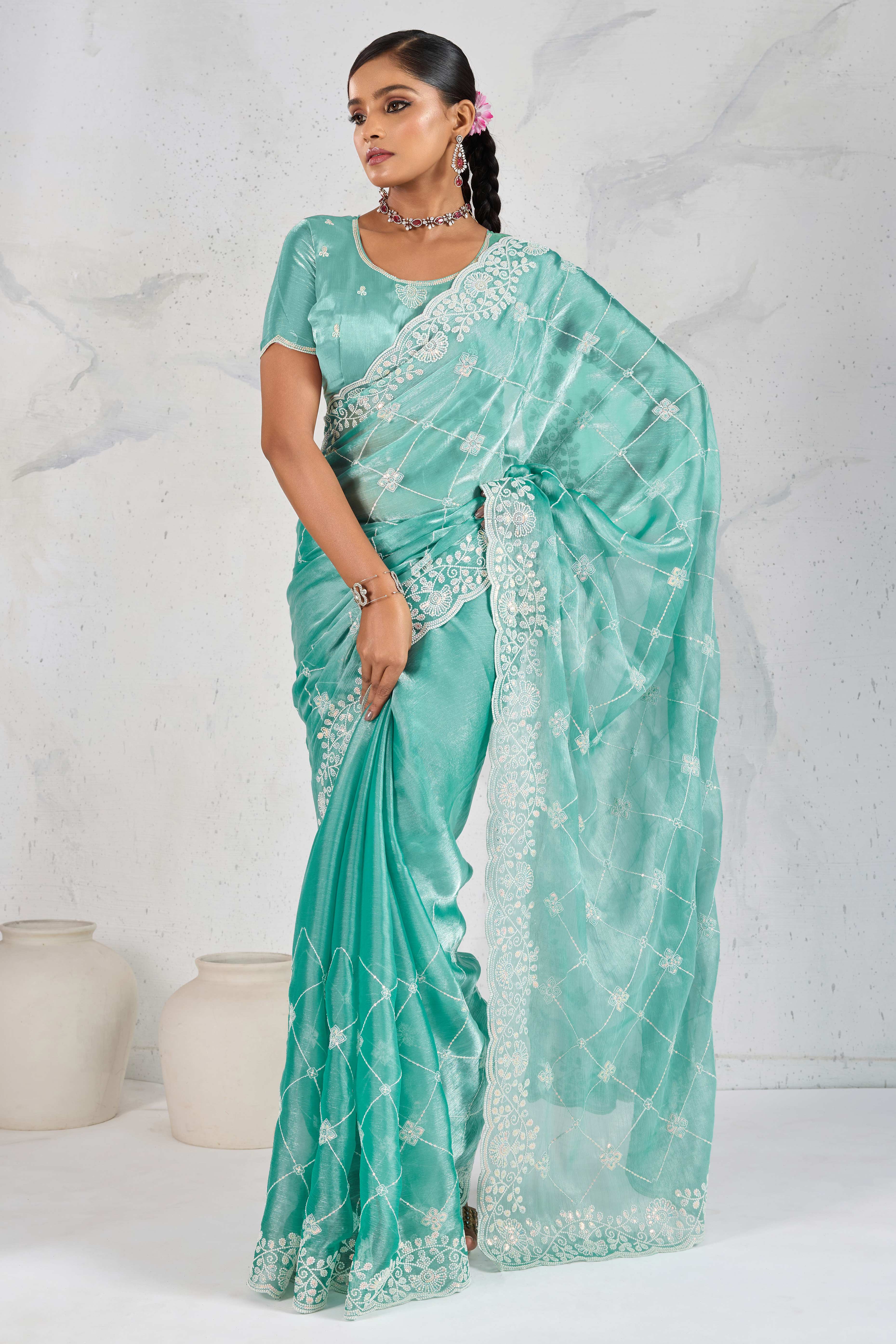 Turquoise Silk Saree with Dazzling Sequin Embroidery
