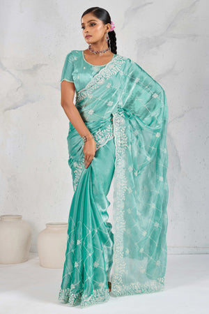 Turquoise Silk Saree with Dazzling Sequin Embroidery