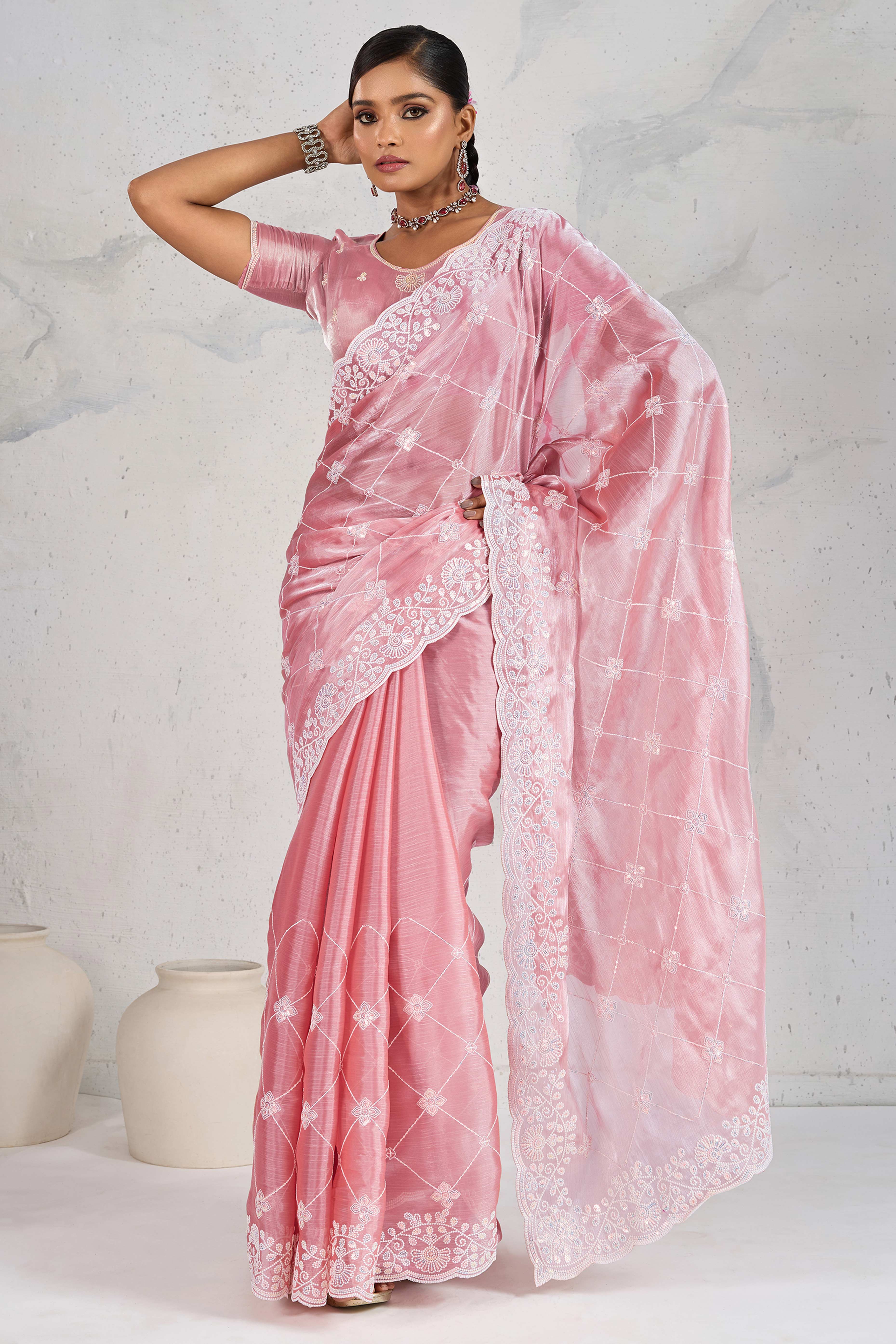 Pink Silk Saree with Dazzling Sequin Embroidery
